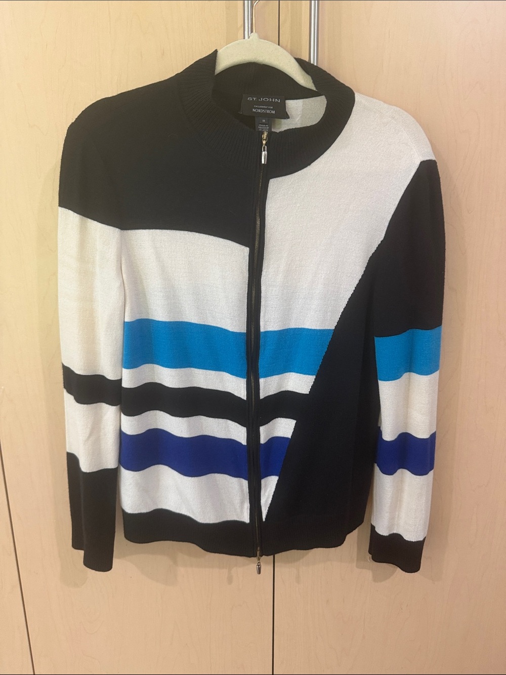 St. John Colorblock Knit Zip Jacket — Black, Cream